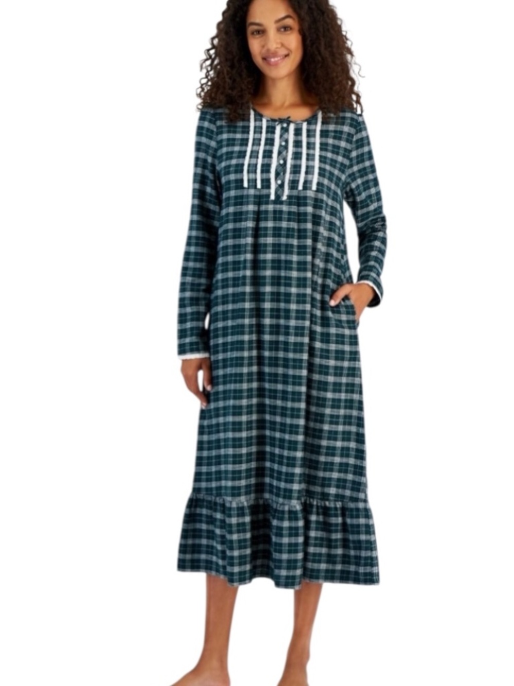 State of Day Plaid Green Lace Trim Henley Nightgown XS long Sleeve Pockets - NWT